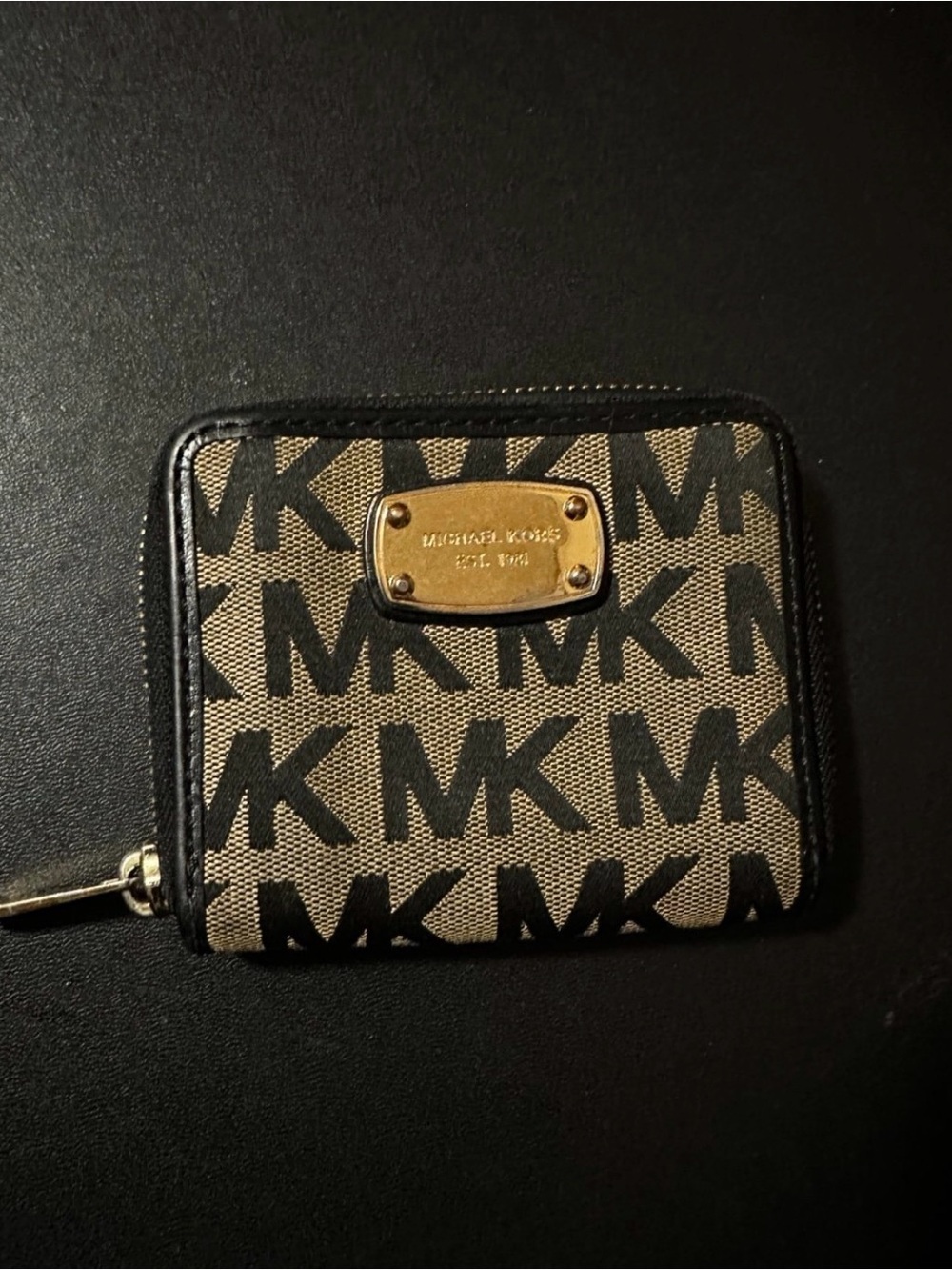 Michael Kors Black and Brown MK Logo Zip Wallet with Gold Plate